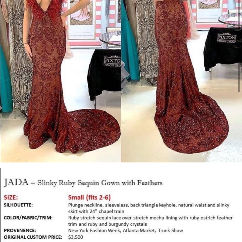 Custom Formal Gown Red Feather Sequin Pixton Desi… - image 6